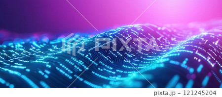 A vibrant, abstract landscape of flowing waves illuminated by neon colors, evoking a sense of depth and movement in a digital universe. 121245204