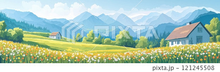 A serene landscape featuring rolling mountains, vibrant wildflowers in a lush meadow 121245508