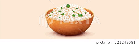 A wooden bowl filled with fluffy white rice garnished with fresh herbs 121245681