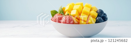 A colorful bowl filled with fresh strawberries, blueberries, and diced mango 121245682
