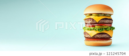 A towering burger stacked with multiple beef patties, cheese, pickles, and fresh vegetables 121245704