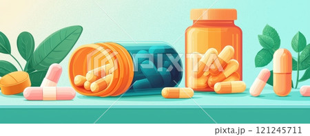 The image depicts colorful pill bottles and capsules amid green leaves 121245711
