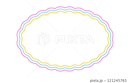 Colorful oval frame with wavy edges. Geometric shape with scallop borders. Blank text box, tag or label isolated on white background. Vector illustration 121245765