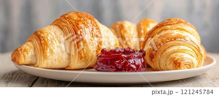 A warm, inviting plate featuring golden croissants accompanied by a sweet red jam, breakfast 121245784