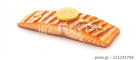 Grilled salmon fillet garnished with a lemon slice, showcasing a rich, vibrant color and appealing texture, healthy meal. Grilled salmon fillet garnished with a lemon slice, showcasing a rich, vibrant color and appealing texture, healthy meal. 121245799