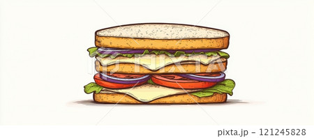 A delicious sandwich stacked with layers of cheese, vegetables, and sauces 121245828