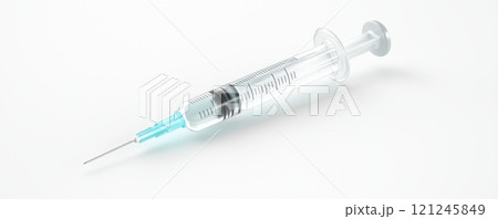 A sterile syringe rests on a white background, featuring a clear barrel and a blue plunger, injections and medical 121245849