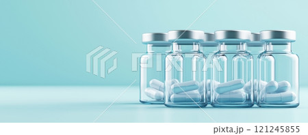 A row of clear glass vials containing white capsules, medicine 121245855