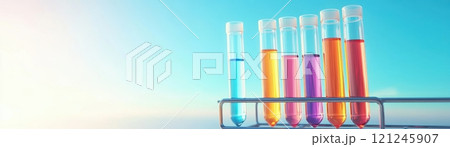 Colorful test tubes filled with liquids on a rack against a bright blue background, science, chemistry, and laboratory research. 121245907