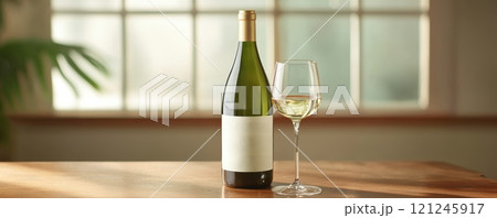 A sleek wine bottle and glass are elegantly positioned on a wooden table 121245917