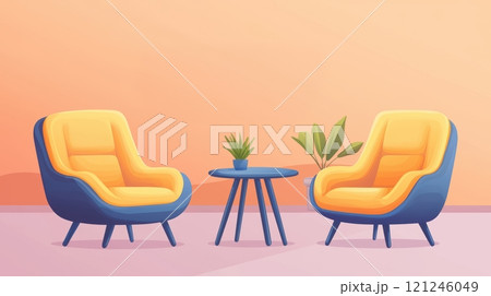 A cozy interior featuring two vibrant yellow and blue chairs, a small table, and decorative plants 121246049