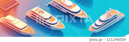 A vibrant illustration of luxury yachts anchored in clear blue waters 121246089