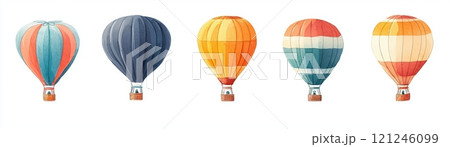 A colorful array of vintage-style hot air balloons, each featuring unique patterns 121246099