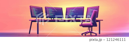 A modern workstation featuring three monitors on a sleek desk 121246111