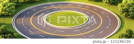 A circular road surrounded by greenery, featuring multiple curved lanes and a central grassy area 121246130