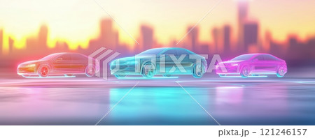 Three futuristic cars with glowing neon 121246157