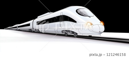 A sleek white train travels along tracks in a snowy landscape, 121246158