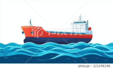 A vibrant cargo ship sails through stylized waves, illustrating maritime transport 121246196