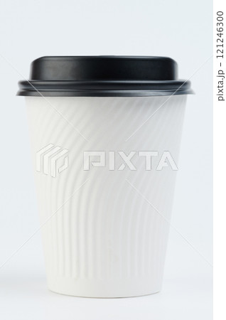 White paper cup with black lid front view White paper cup with black lid front view 121246300