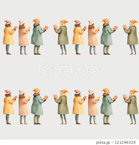 A whimsical illustration of people in colorful winter clothing,seamless pattern background 121246329