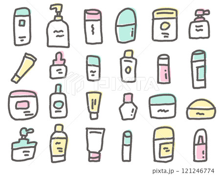 手描きの可愛いコスメや薬の容器のセットアイコン 121246774