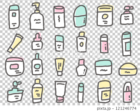 手描きの可愛いコスメや薬の容器のセットアイコン 121246774