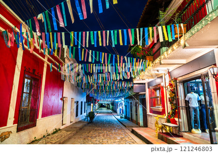 Traditional Street in Copan Ruinas Adorned with Colorful Ribbons at Night, Honduras Traditional Street in Copan Ruinas Adorned with Colorful Ribbons at Night, Honduras 121246803