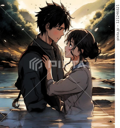【イラスト素材】永遠の別れ/恋人/カップル/キス/切ない/接吻/甘酸っぱい/漫画風/アクリル水彩画 121246821