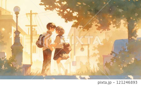 夕暮れの街角｜見つめ合う高校生カップル｜青春の温かな瞬間とノスタルジックな光景 121246893
