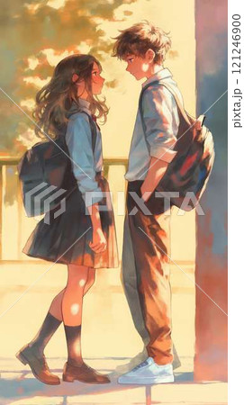 放課後の出会い｜制服姿の高校生の青春シーンと夕暮れ 121246900