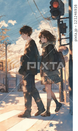 冬の放課後｜夕暮れの横断歩道を歩く高校生 121246916