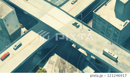 都市の交差点｜近未来的な高架道路とビル群の風景 121246917