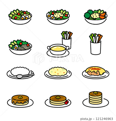 サラダ、バーニャカウダ、ライス、オムライス、パンケーキ等の食べ物のイラストセット 121246963