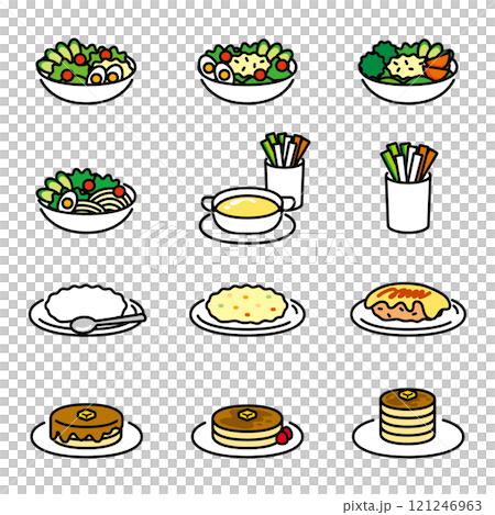サラダ、バーニャカウダ、ライス、オムライス、パンケーキ等の食べ物のイラストセット 121246963