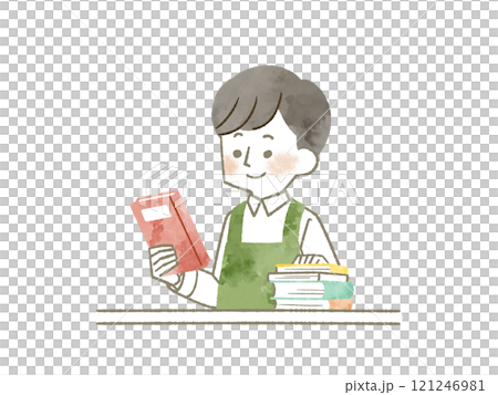 A man wearing an apron holding a book - watercolor A man wearing an apron holding a book - watercolor 121246981