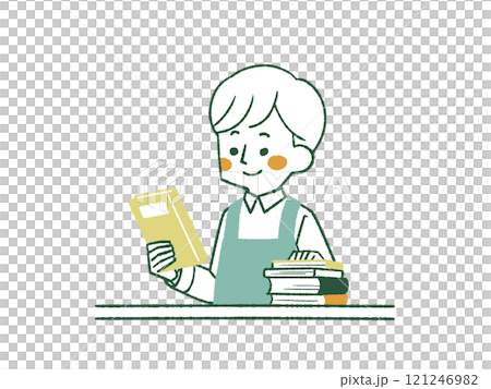 一個穿著圍裙的男人手裡拿著一本書 - 4 種顏色 121246982