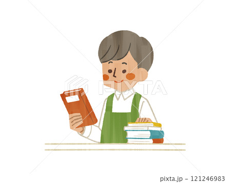 本を手に持っているエプロンを着用した男性-ガッシュ 121246983