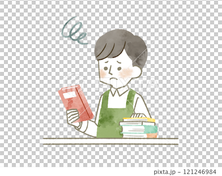 A man wearing an apron holding a book with a troubled expression - watercolor 121246984