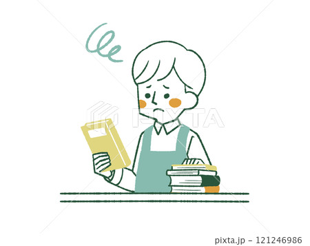 困った表情で本を手に持っているエプロンを着用した男性-4色 困った表情で本を手に持っているエプロンを着用した男性-4色 121246986