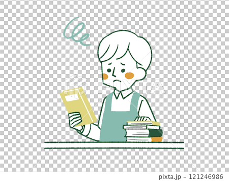 困った表情で本を手に持っているエプロンを着用した男性-4色 困った表情で本を手に持っているエプロンを着用した男性-4色 121246986