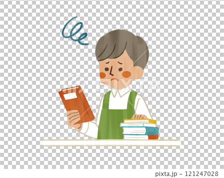 困った表情で本を手に持っているエプロンを着用した男性-ガッシュ 121247028