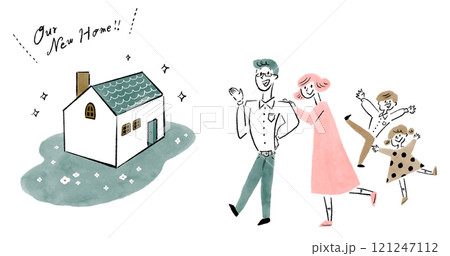 夢のマイホームを手に入れて幸せそうな4人家族の手描きイラスト 121247112