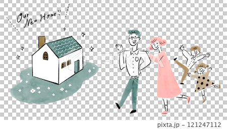 夢のマイホームを手に入れて幸せそうな4人家族の手描きイラスト 121247112