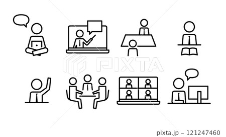 人型ピクトグラム ネクタイをつけたビジネスマン・学生 会議・勉強・研修・面談セット 線幅可変 121247460