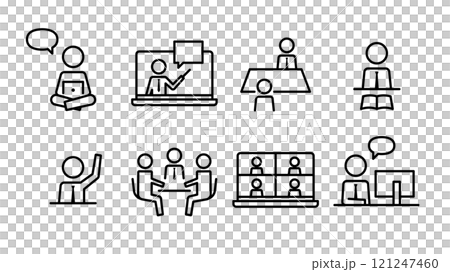 人型ピクトグラム ネクタイをつけたビジネスマン・学生 会議・勉強・研修・面談セット 線幅可変 121247460