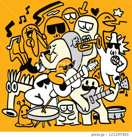 Colorful illustration of playful musical characters, featuring instruments like guitar, trumpet, and drums, creating lively and fun atmosphere 121247483