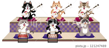 三味線、太鼓、笛を演奏する猫 121247489