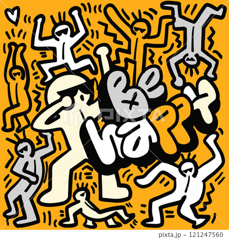 Colorful illustration featuring joyful figures dancing and celebrating with phrase Be Happy prominently displayed. vibrant design evokes sense of fun and positivity Colorful illustration featuring joyful figures dancing and celebrating with phrase Be Happy prominently displayed. vibrant design evokes sense of fun and positivity 121247560