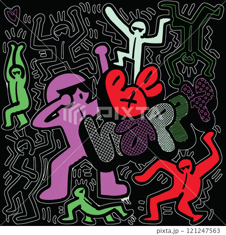 Colorful abstract art featuring playful figures and phrase Be Happy in vibrant colors. design evokes joy and positivity through its lively shapes and patterns 121247563