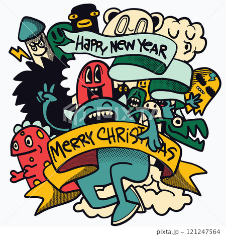 Colorful cartoon characters celebrating holidays with banners saying Happy New Year and Merry Christmas. fun and festive illustration filled with joy 121247564